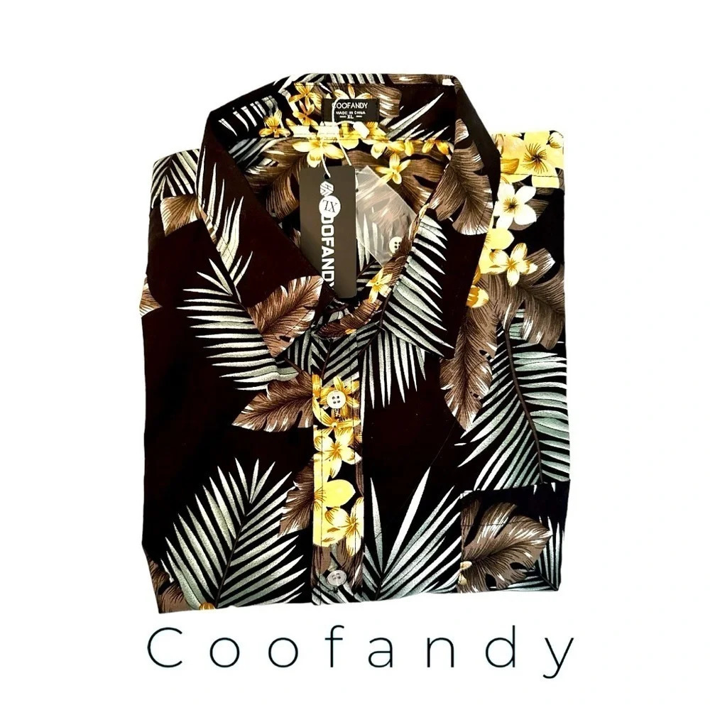 NWT COOFANDY Mens Hawaiian Short Sleeve Casual Button Down Tropical Beach Shirt